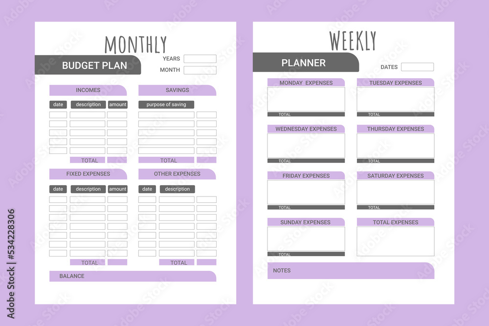 Planner for week and month. Purple color