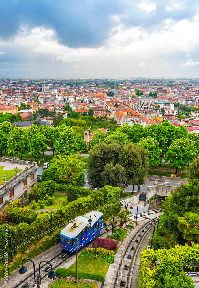 Aerial view lower town of Bergamo city, Italy. Funicular railway Upper Town - Lower Town (Italian: Funicolare Citta Alta)