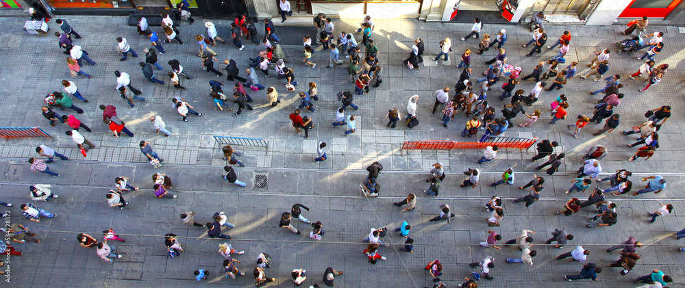 Top view of crowd of unrecognizable people at the Istiklal street in Istanbul, Turkey