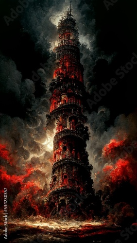 Print op canvas Giant old mystical tower, babel tower inspiration with light, energy and magic around it