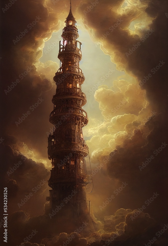 Giant old mystical tower, babel tower inspiration with light, energy