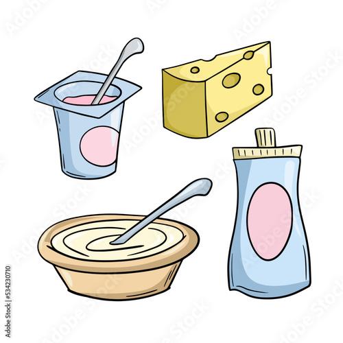 A set of colored icons, dairy products, a piece of cheese, sour cream, yogurt , vector cartoon