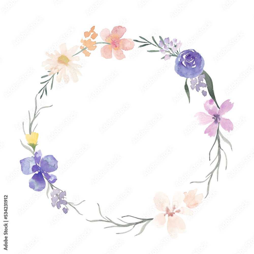 Vintage aesthetic wildflower wreath in pastel beige blue color. Botanical floral frame isolated on white background. Rustic meadow template for wedding invitation, birthday card, nursery, packaging