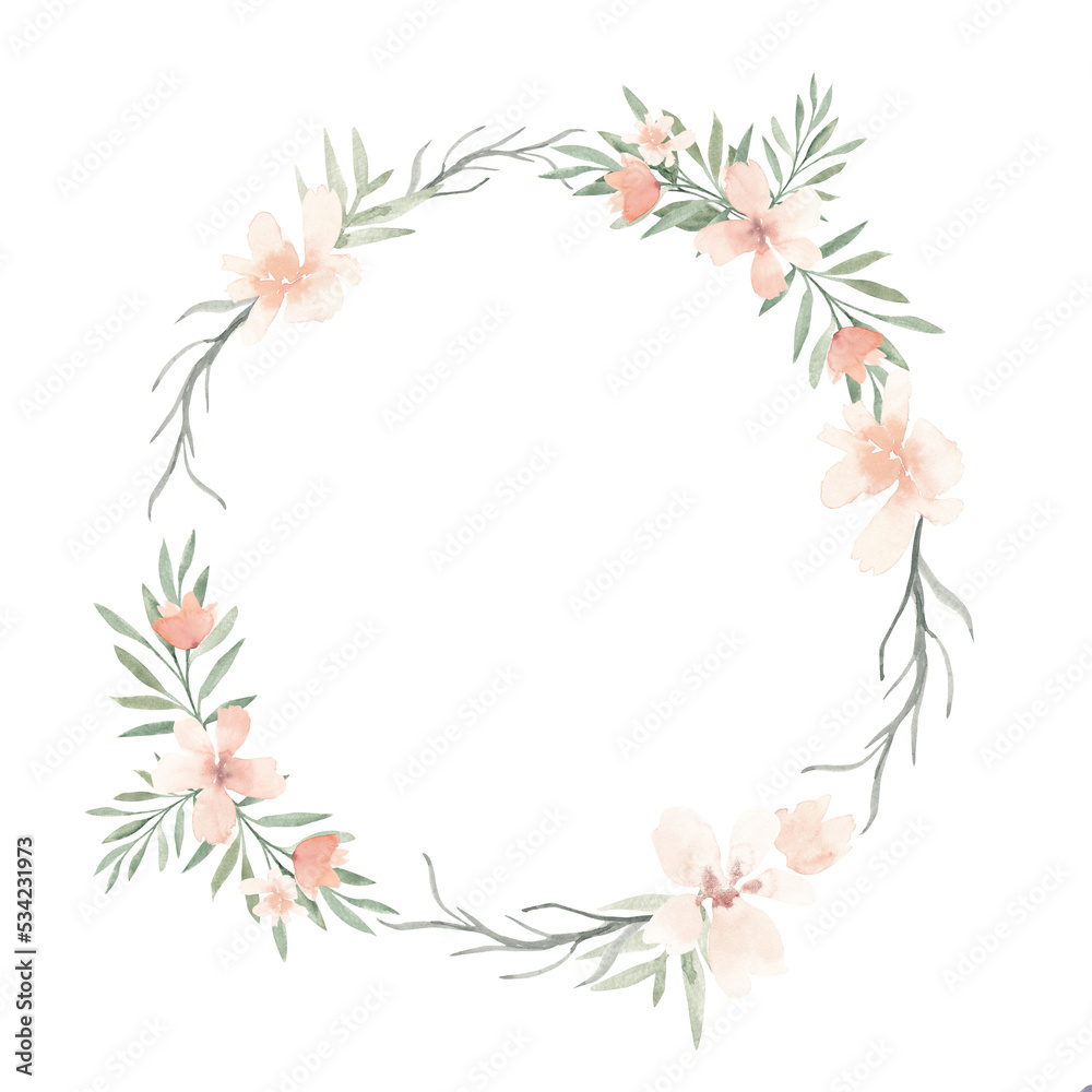 Vintage aesthetic wildflower fall wreath in pastel beige orange color. Botanical floral frame isolated on white background. Rustic meadow template for wedding invitation, birthday card, nursery