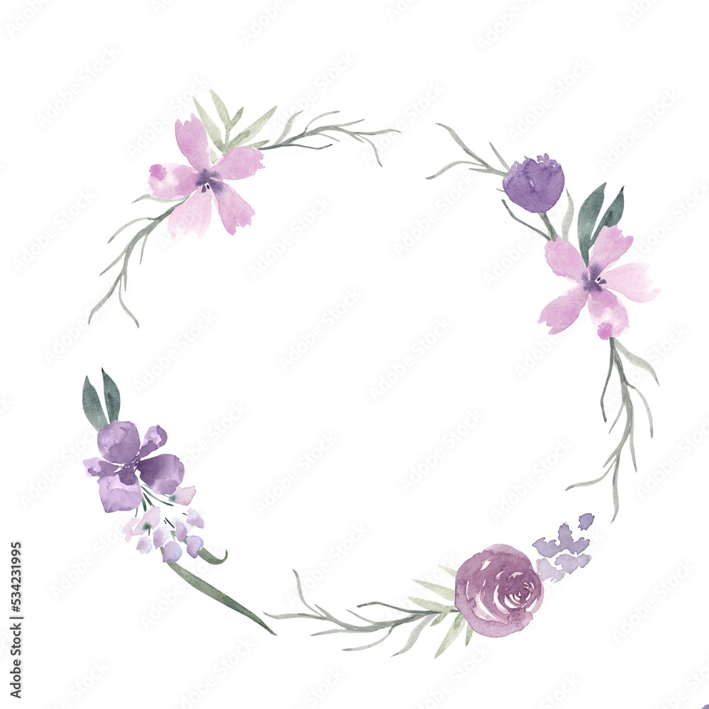 Vintage aesthetic wildflower wreath in purple pastel color. Botanical floral frame isolated on white background. Rustic meadow template for wedding invitation, birthday card, nursery, packaging