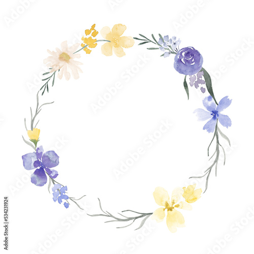 Vintage aesthetic wildflower wreath in pastel blue yellow color. Botanical floral frame isolated on white background. Rustic meadow template for wedding invitation  birthday card  nursery  packaging