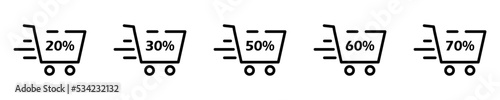 Conjunto de iconos de carrito de compras con porcentaje de descuento de 20%, 30%, 50%, 60%, 70%. Comprar en línea. Ilustración vectorial