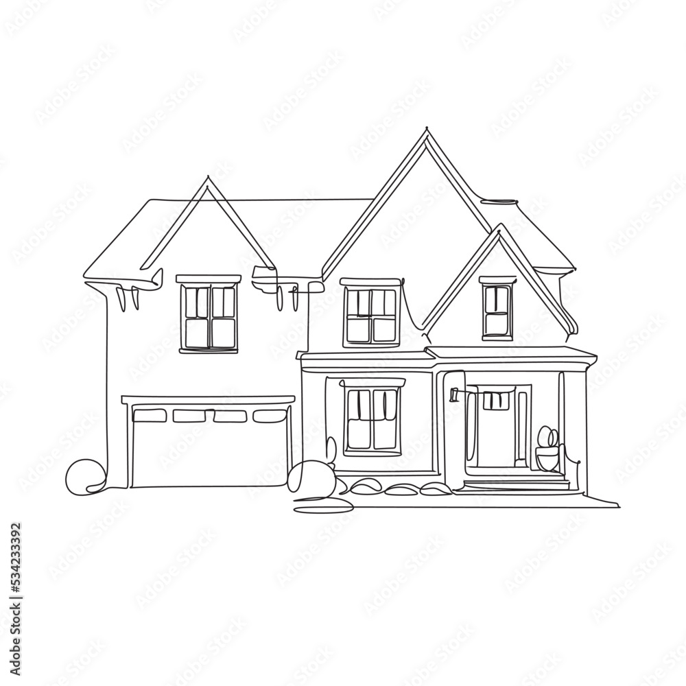House vector. Home exterior vector line art illustration front view with roof. Contemporary Apartment in a townhouse. Home facade with doors and windows.
