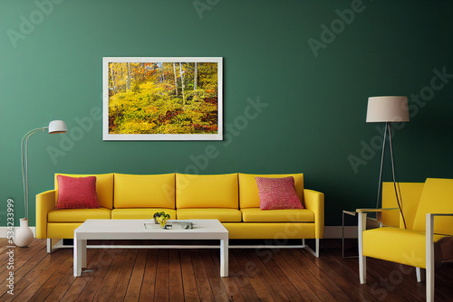 Contemporary living room in fall colors, digital art photo