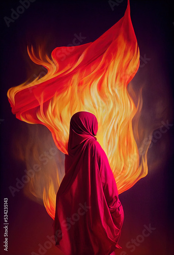 Arab woman burning her hijab in protests against oppression of women, woman and men equality , women rights, repressive regime and morality police fight, symbolic, 3d illustration sketch photo