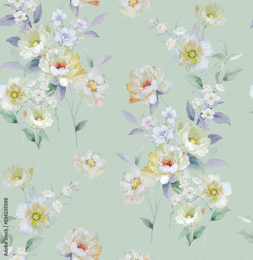 Watercolor Seamless Pattern with Classic Flowers. Perfect for