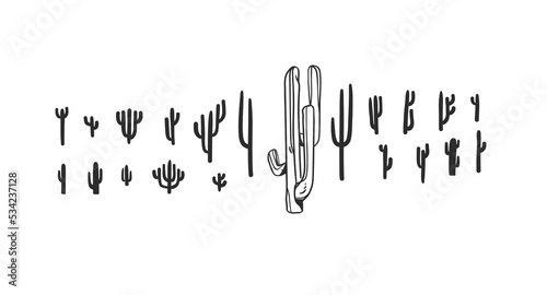 Hand drawn abstract vector graphic clipart illustration boho desert cactus collection set bundle.Western logo design concept.Bohemian wild west contemporary.Wild west Cactus silhouette modern drawing.