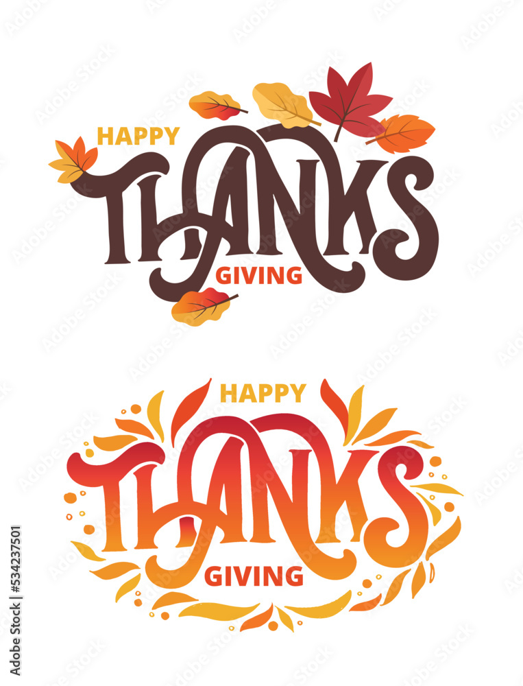Happy thanksgiving day - cute hand drawn doodle lettering postcard. T-shirt design template with leaf.