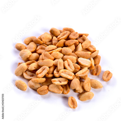pile of spiced peanuts isolated close up on white background 