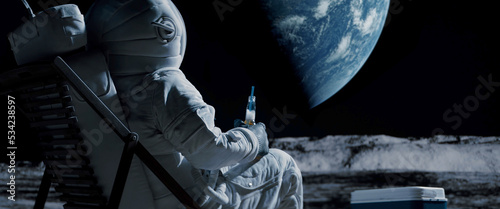 Canvastavla Back view of lunar astronaut having a beer while resting in a beach chair on Moo