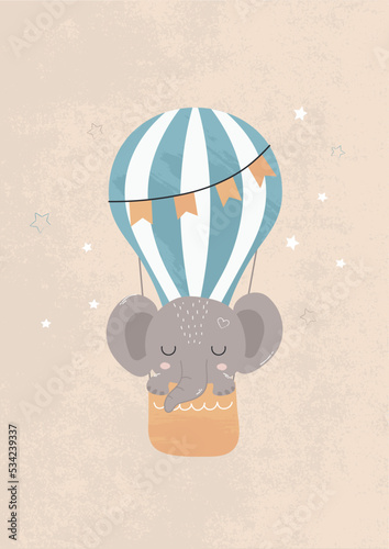 Children's illustration, animals little elephant on a balloon. For posters for children's room, postcards, banners. Vector