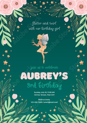 Birthday party invitation template. Gold silhouette of a cute little fairy on a beautiful floral background. Vector illustration 10 EPS.