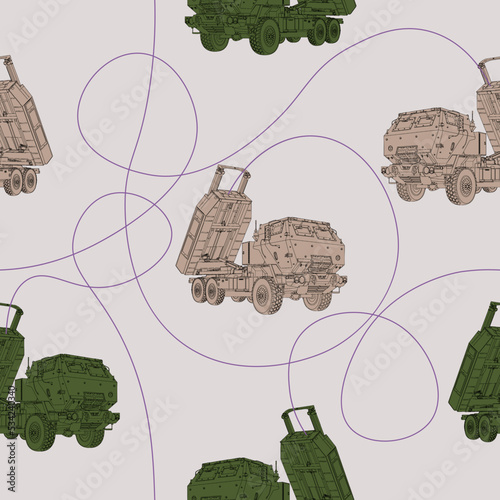 HIMARS with Strokes Pattern. Artillery Rocket System. Tactical truck.