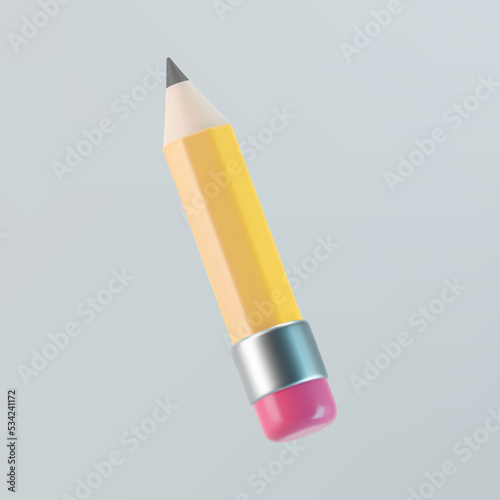 3d yellow pencil icon with pink eraser isolated on gray background. Render pencil for education, writing or drawing concept. 3d cartoon simple vector illustration