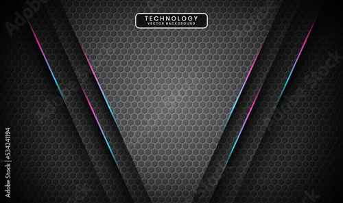 3D gray techno abstract background overlap layer on dark space with blue pink line decoration. Modern graphic design element cutout style concept for banner, flyer, card, or brochure cover