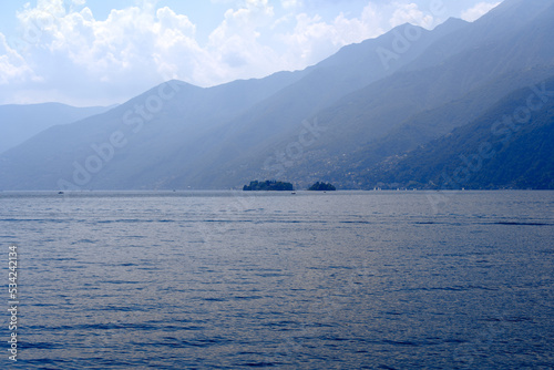 Brisago Islands seen from village Ascona, Canton Ticino, on a sunny summer day. Photo taken July 24th, 2022, Brisago Islands, Switzerland.