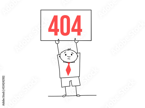 Drawn man with red tie holding 404 error message.