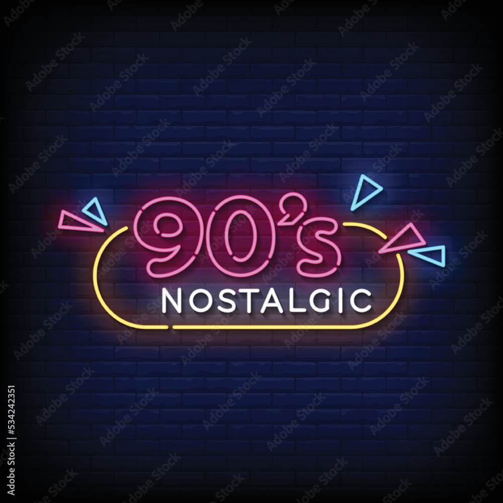 Neon Sign 90's nostalgic with Brick Wall Background vector