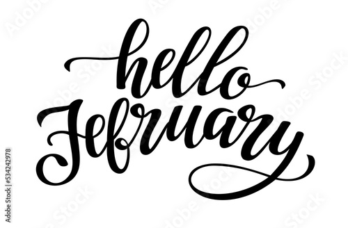 Hello February black lettering inscription. Vector illustration