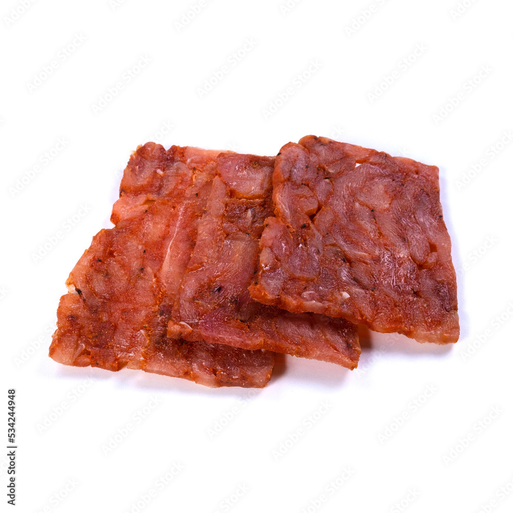 Beef jerky meat on white background Beef jerky meat on white background