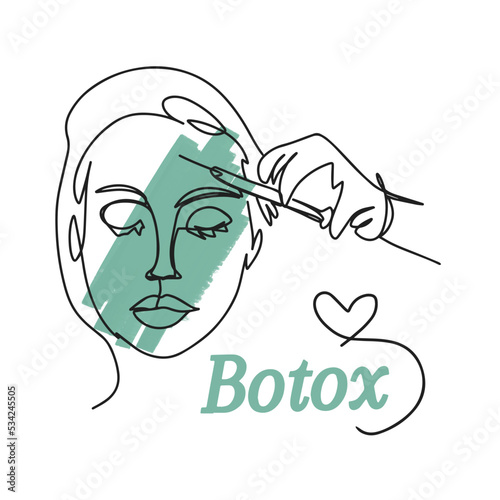 One line drawing, girls face, botox, handwritten lettering, injection syringe