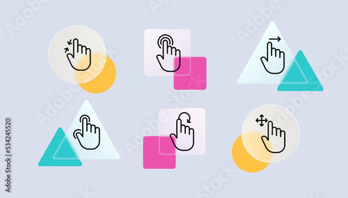 Scrolling set icon. Click, slide, zoom, zoom out, sensor, touchpad, tap, press, touch, panel, pointer, index finger, keyboard. Sensory concept. Glassmorphism. Vector line icon