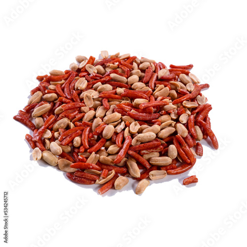 Nuts and crackers for beer isolated on white background. View from above