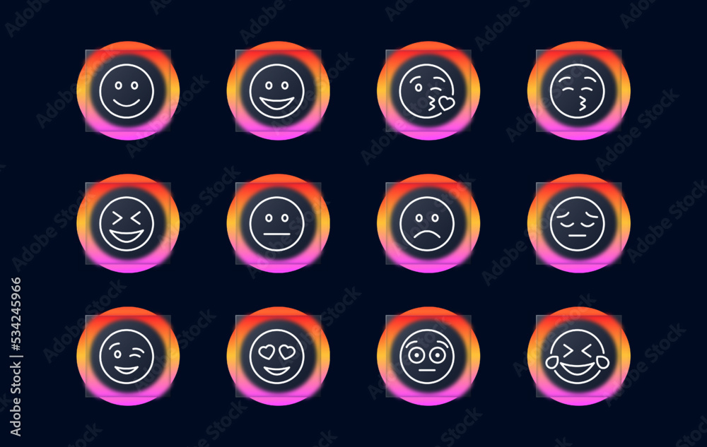Emoticons set icon. Laugh, love, cry, tears, sad, wink, kiss, heart shaped eyes, shocked, angry, show tongue. Online communication concept. Glassmorphism style. Vector line icon