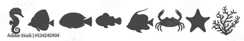 Set of coral reef fish silhouette. Crab, starfish, bannerfish, blue and yellow tang, zebrasoma, clownfish, seahorse and corals. Sea life. Vector cartoon illustration of ocean animals and fish.