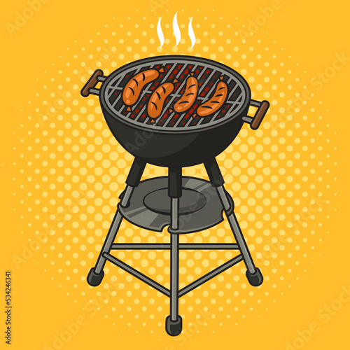 sausages on the barbecue pinup pop art retro vector illustration. Comic book style imitation.