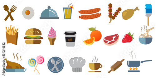 Set of 23 Coloured  Food Icons. Meat,  soup, bread, egg, sweets, fruits, ice cream , drinks, nutrition, 
 hamburger , potato