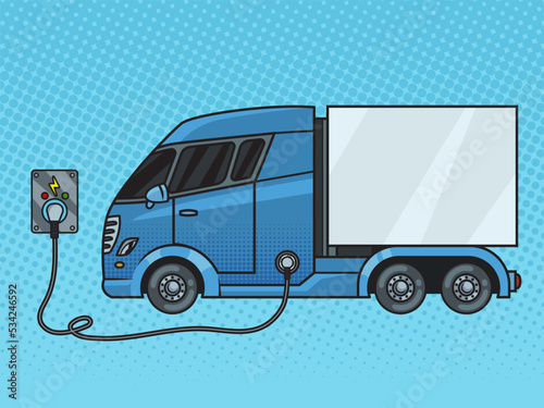 electric truck charging from power outlet socket pinup pop art retro vector illustration. Comic book style imitation.