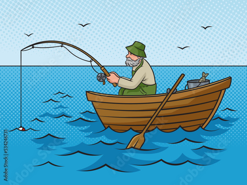 old man fishing from boat pinup pop art retro vector illustration. Comic book style imitation.