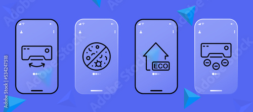 Conditioner set icon. Air conditioning, Air filtration, cold, heat, virus, fan, propeller, eco, water drop, hood, extract, thermometer, etc. Fresh air concept. UI phone app screens. Glassmorphism