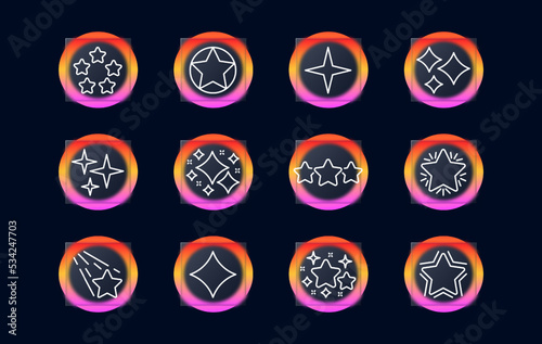Stars set icon. Review, feedback, rating, flicker star, starry sky, comet, shooting star with tail, twinkle, desire. Dream concept. Glassmorphism style. Vector line icon