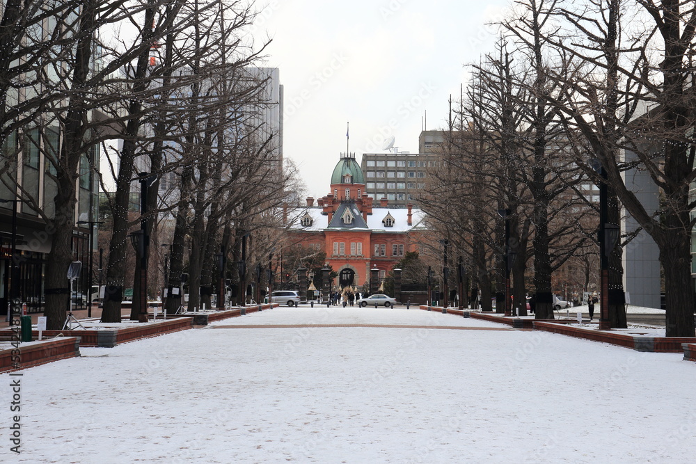 Naklejka premium Sapporo, Japan - December 22, 2019: Scenery of the Former Hokkaido Government Office Building, a tourist attraction in Hokkaido, Japan