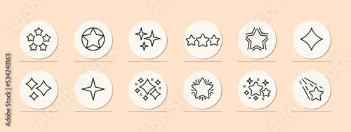 Stars set icon. Review, feedback, rating, flicker star, starry sky, comet, shooting star with tail, twinkle, desire. Dream concept. Pastel color background. Vector line icon
