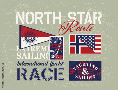 Extreme sailing yacht race with nautical map background vintage print for boy t shirt with nautical flag and badge patch applique