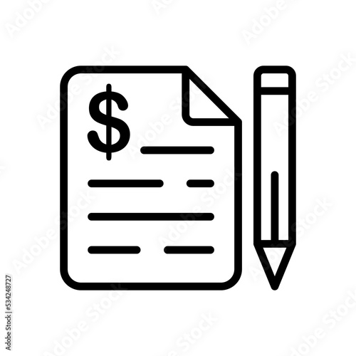 Receipt with pen line icon. Credit card, debit, terminal, check, atm, receipt, power of attorney, contract, notary, bureaucracy. Money concept. Vector black line icon on a white background