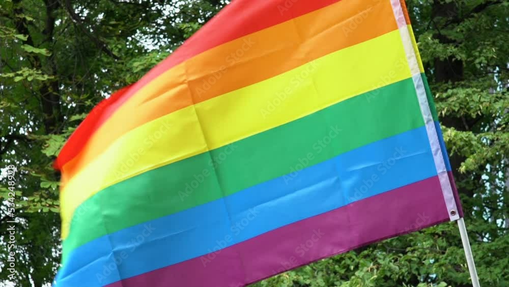 LGBT flag waving in slow motion. Equality march, pride parade. Young people with rainbows fighting for LGBTQ+ rights. Struggle for LGBT rights LGBT flag waving in slow motion. Equality march, pride parade. Young people with rainbows fighting for LGBTQ+ rights. Struggle for LGBT rights