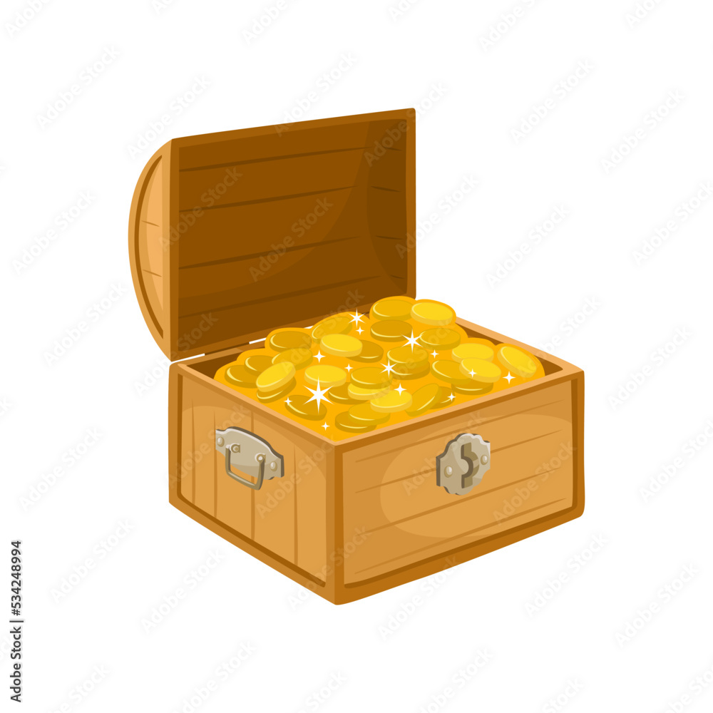Old wooden chest full of gold coins. Vector cartoon treasure box isolated on white. Old wooden chest full of gold coins. Vector cartoon treasure box isolated on white.
