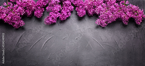 Floral still life flat lay banner. Lilac flowers on black textured background. Place for text.