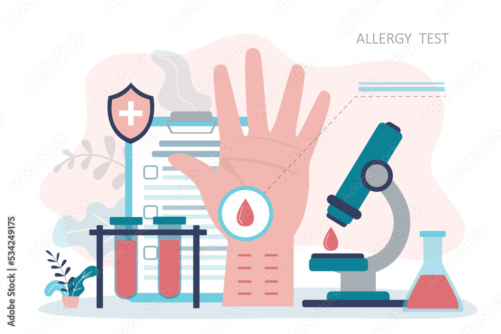 Patient hand with incisions for testing for allergens. Large microscope with drop of blood for research Patient hand with incisions for testing for allergens. Large microscope with drop of blood for research