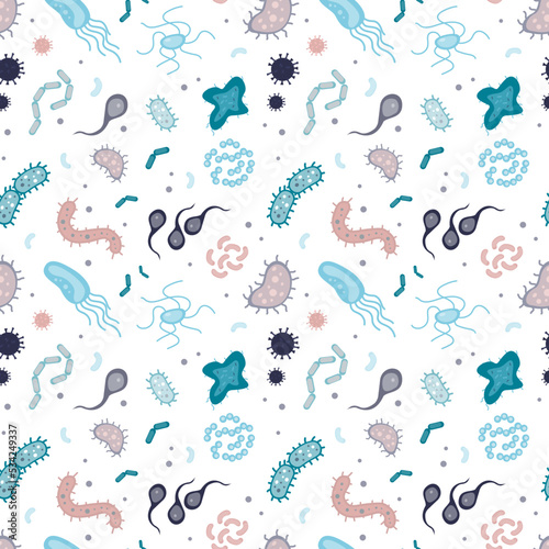 Seamless pattern with various bacterial. Microbiology, texture with microorganisms and pathogens. Medicine background, healthcare. Microscopic life, germ, funny wallpaper.