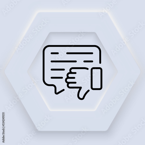 Trump down with speech bubble line icon. Review, dislike, rating, emoticon, thumb down, bad mood, comment, click, rate the level of service. Impression concept. Neomorphism style. Vector line icon